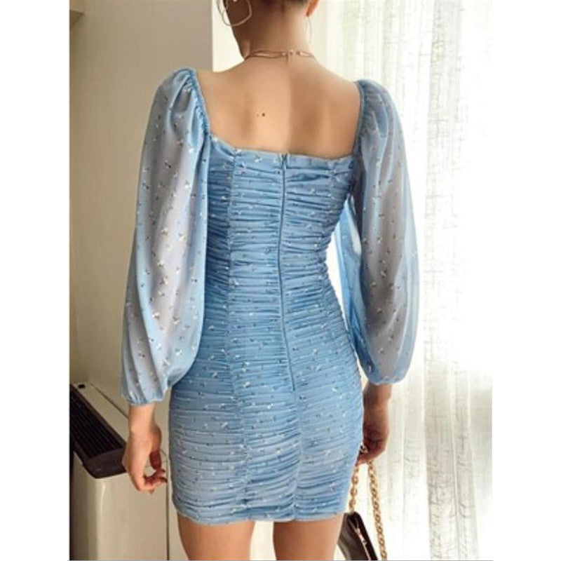 Lizakosht New Fashion Sexy Mesh Long-Sleeved Stitching Low-Cut Slim-Fit Hip Dress Women's