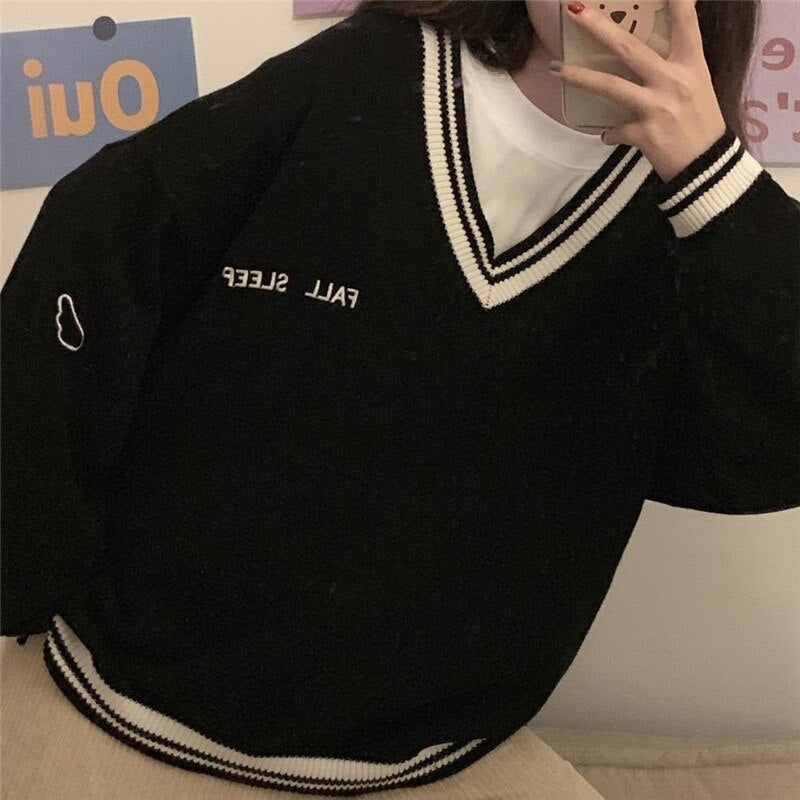 Sweaters Women Ulzzang Letter Chic Vintage V-neck Daily Oversize Girls Pullovers Student Fall Casual All-match Ins Women Sweater