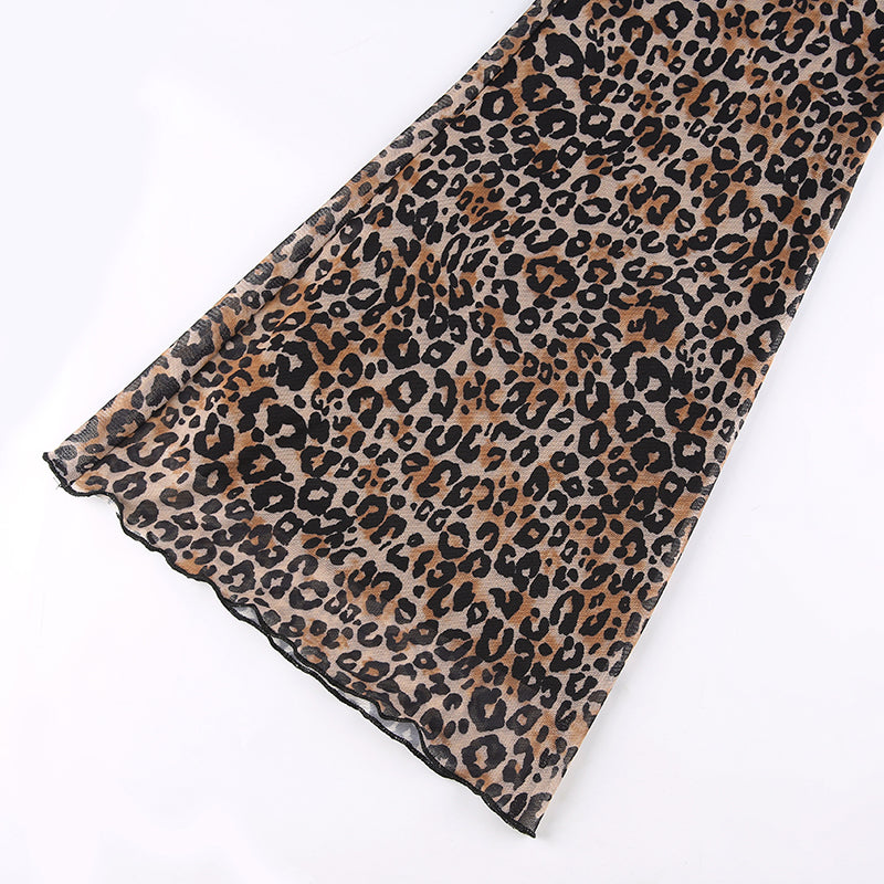 Y2K Pants E Girl Trousers Women Animal Leopard Flare Skinny Pant Two-layers Mesh Aesthetic Female Sweatpants Spring Lady Bottoms