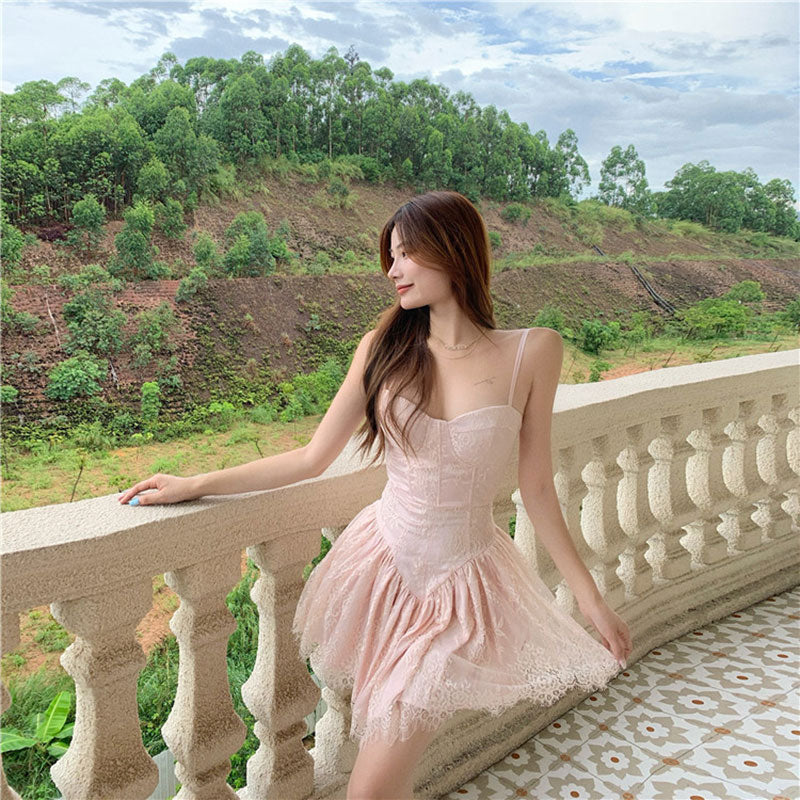 Lace Spaghetti Strap Dress Summer Floral Patchwork Pink Sleeveless Beach Dress Cute Mini Femme Robe Sundress Sling Dresses 2022