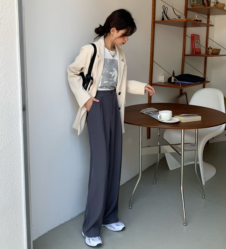Casual Single Button Women Straight Pants Autumn Winter Pantalon High Waist Female Suit Pants