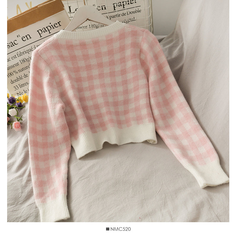 Sweet Plaid Three-Piece Women's New O Neck Single-Breasted Long-Sleeved Loose Sweater with Short Strap two piece set skirt