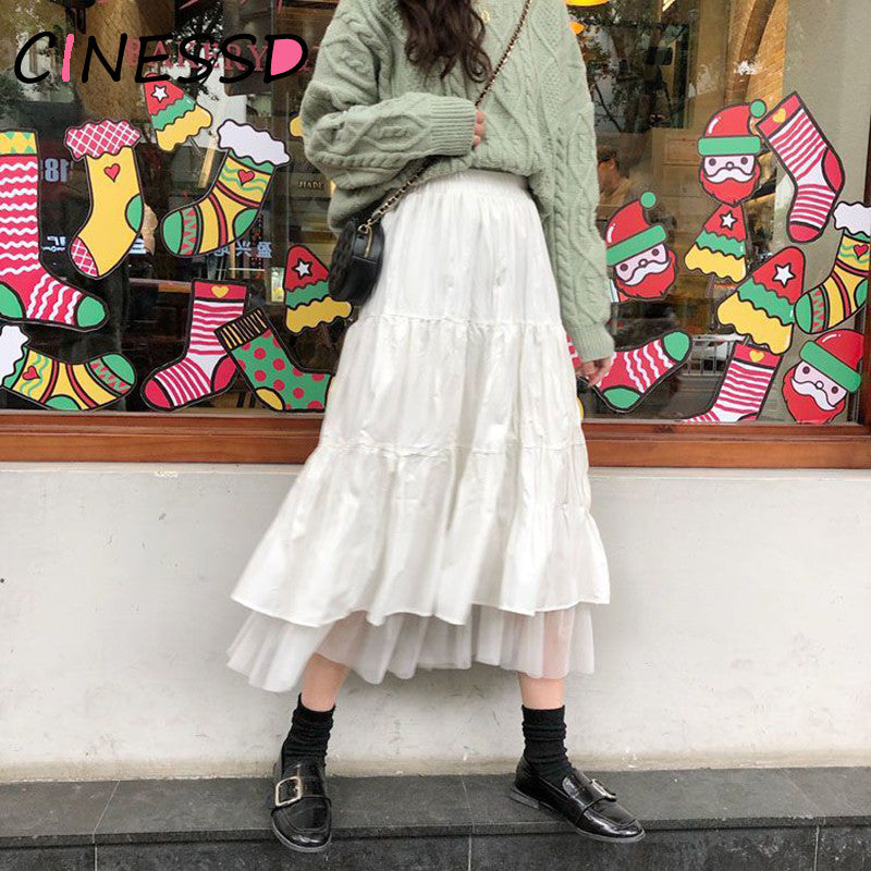 Long Tulle Midi Skirts Womens 2021 Autumn Elastic High Waist Mesh Tutu Pleated Skirts Female Black White Long Skirt Streetwear