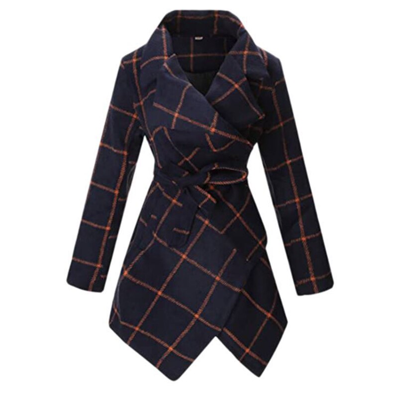 Fashion Plaid Patchwork Lace-Up Belt Women Outerwear Autumn Winter Long Sleeve Double Breasted Windbreaker Jackets Casual Coats
