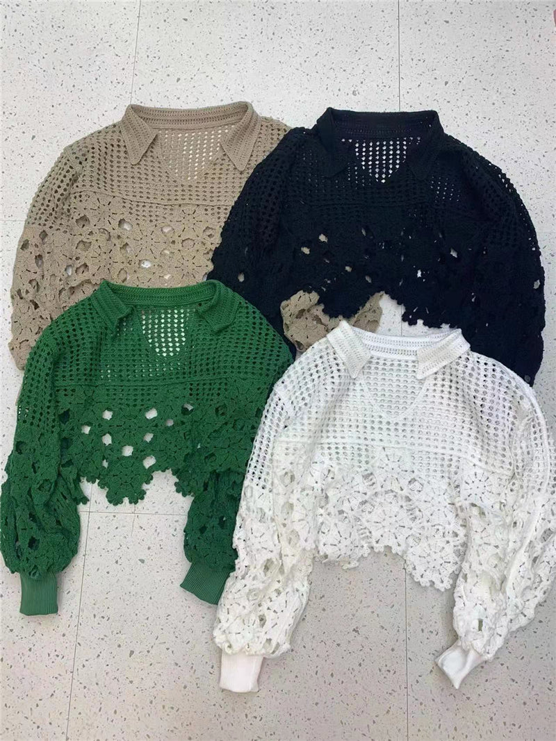 New  Spring Autumn Women Sweater Pullovers Knitted Korean Fashion Hollow Out Irregular Jumpers Short Tops