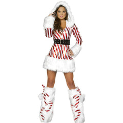 High Quality Adults Womens Santa Claus Costume Sexy Cute Red White Striped Christmas party Fancy Dress With + Leggings
