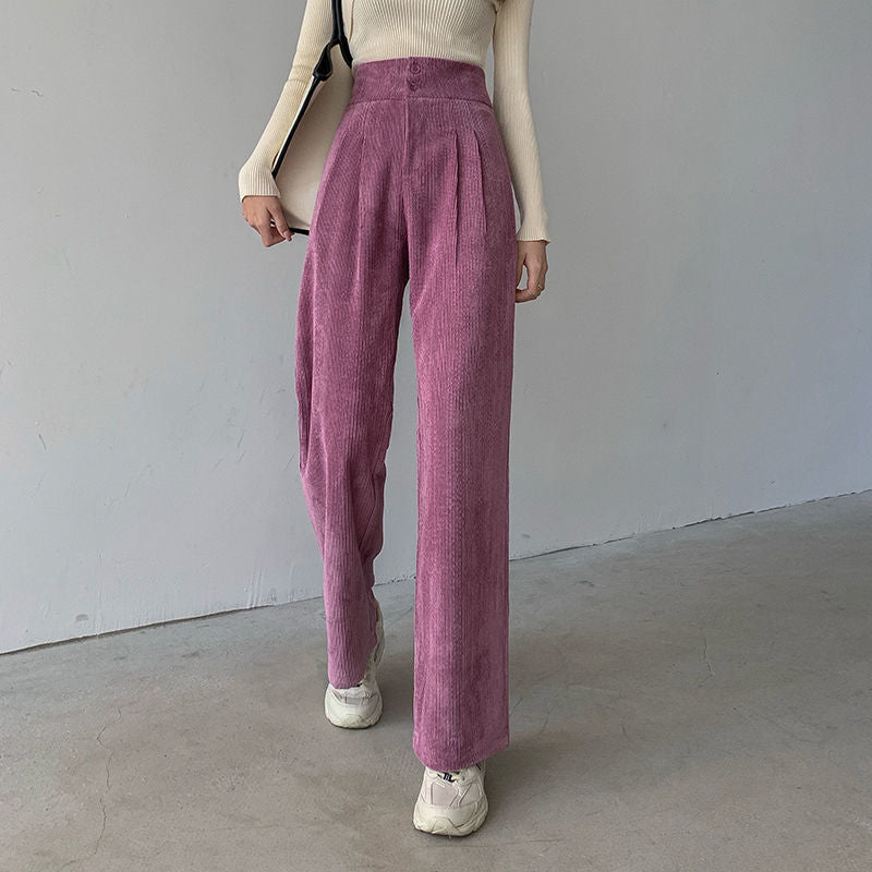 Hstar High Waist Double Button Loose Female Straight Leg Trousers Casual Pantalon Femme Pant Fashion Women Corduroy Long Pant