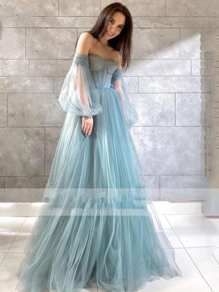 Elegant Dusty Blue Evening Dress Gown Off Shoulder Puff Prom Dresses Pleats V Neck Tulle Formal Party Gown Vestidos De Fiesta