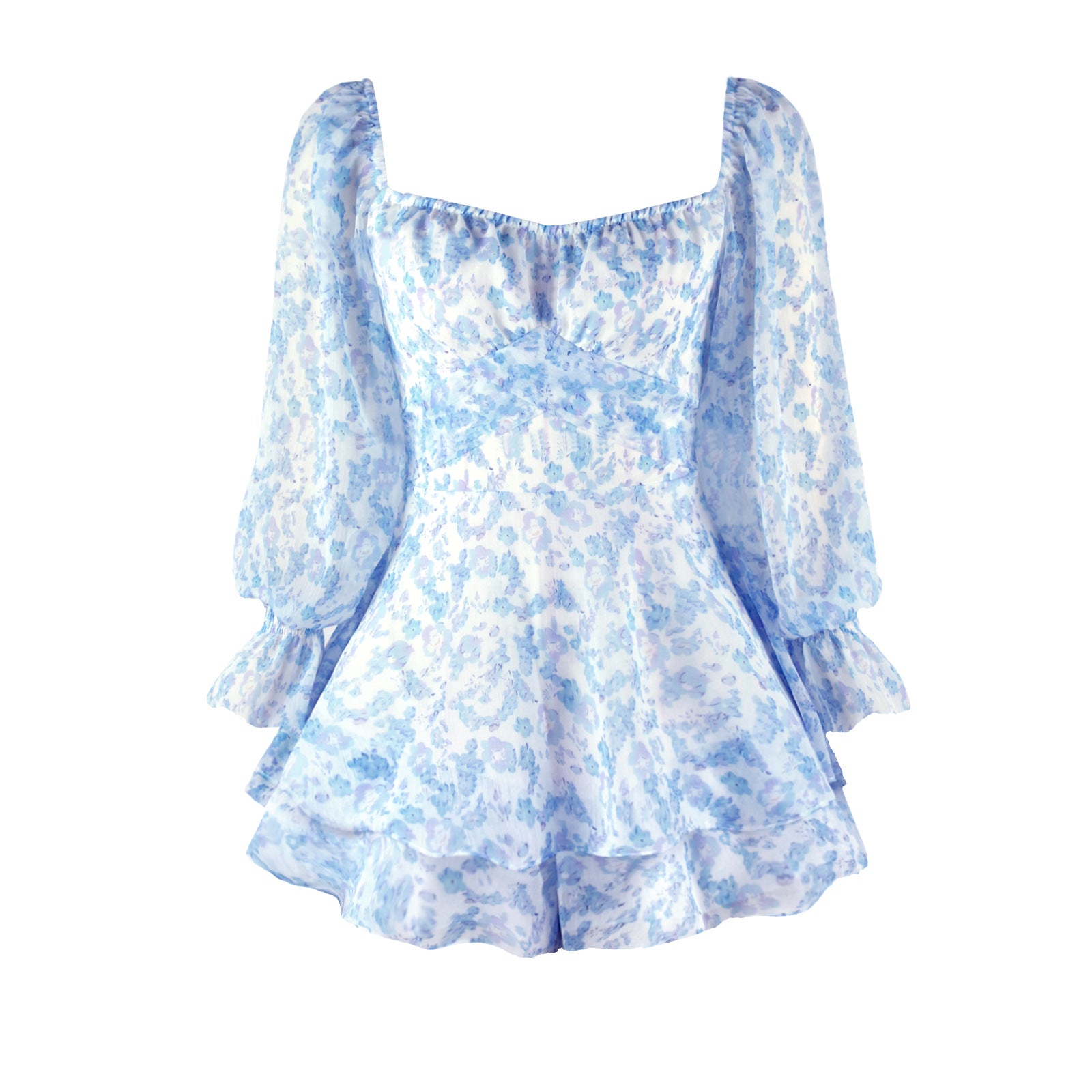Lizakosht  Women's Chiffon Long Sleeves Jumpsuit Lace Up Ruffle Floral Print Romper Female Playsuit 2022 Ladies Sexy Square Collar Jumpsuit