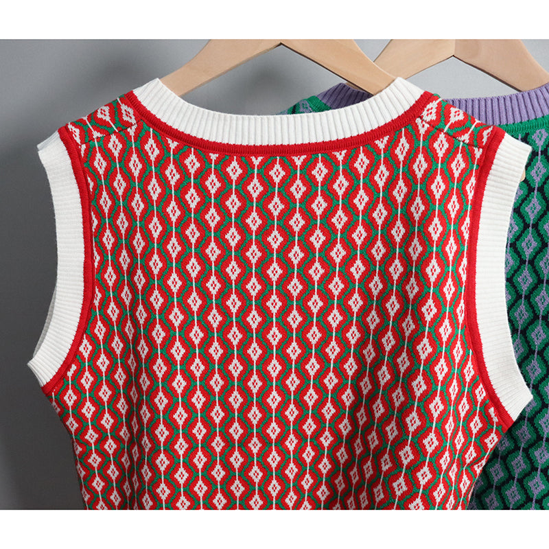Chic Vintage Argyle Sweater Vest for Women 2021 Autumn Winter Pullover Vest Knitted Vest Sleeveless Jecket Gilet Femme