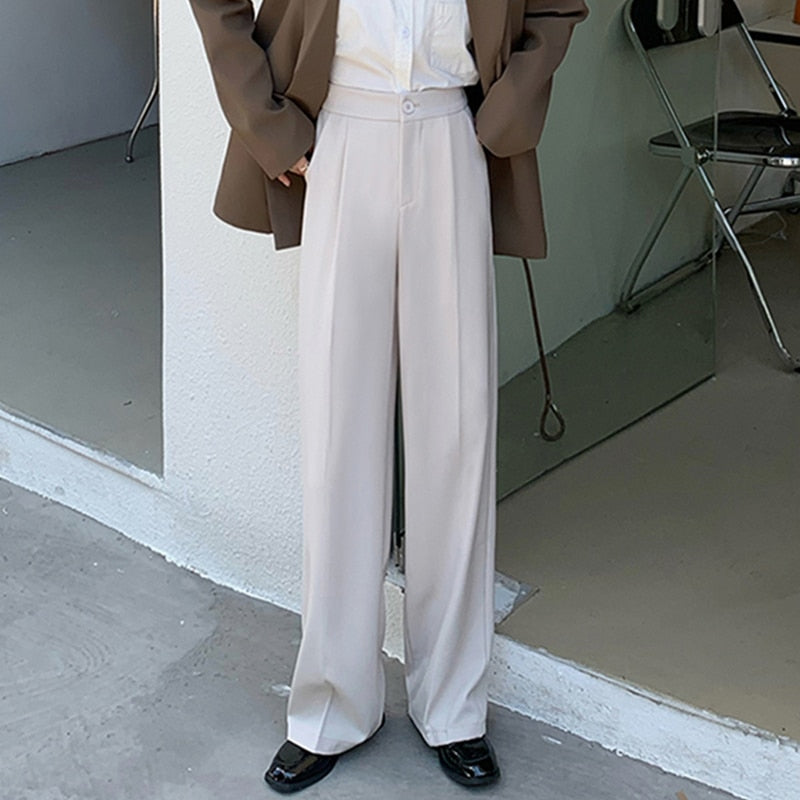Casual Single Button Women Straight Pants Autumn Winter Pantalon High Waist Female Suit Pants