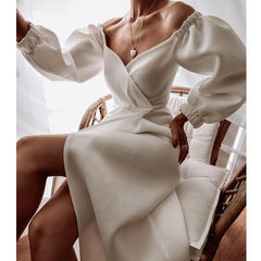 Wepbel Off-Shoulder Bodycon Evening Dress White Puff Sleeve Paryt Dress Women Long Sleeve V-neck Tight Waist Split Long Dress
