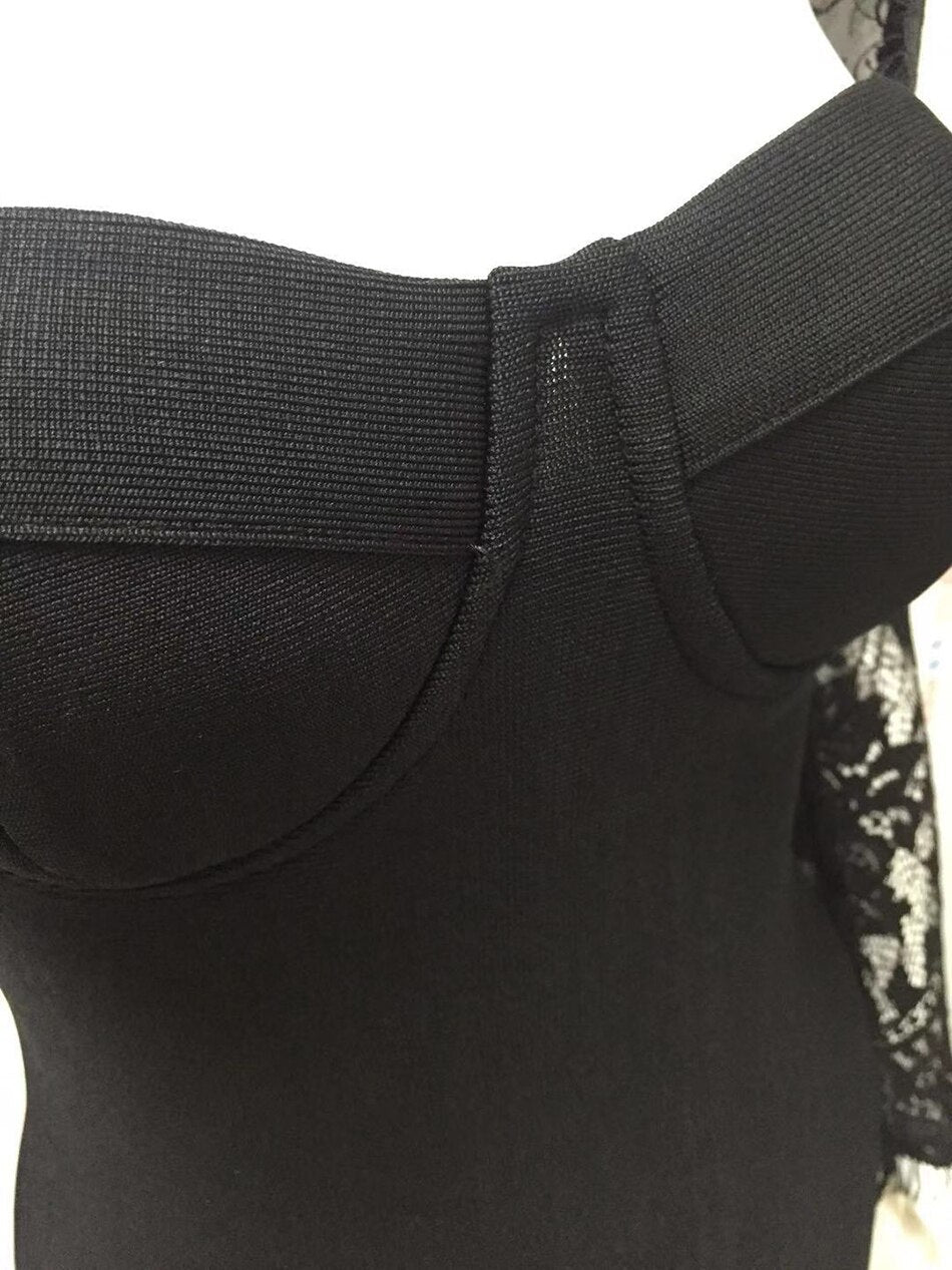 Lizakosht New Women's Bandage Dress Sexy V-Neck Lace Openwork Long-Sleeved Split Tight Dress Vestidos Sexy Embroidered Lace Bodycon Dress
