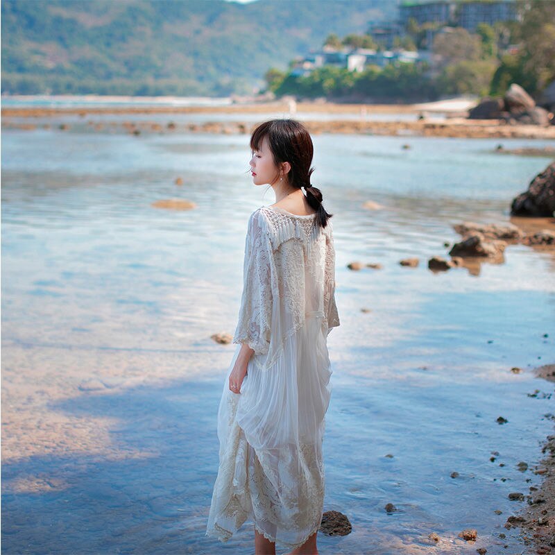 Luxury Embroidered Lace White Boho Beach Summer Dress Fringe Tassel Novelty Loose Long Maxi Dresses for Women 2022 Lined