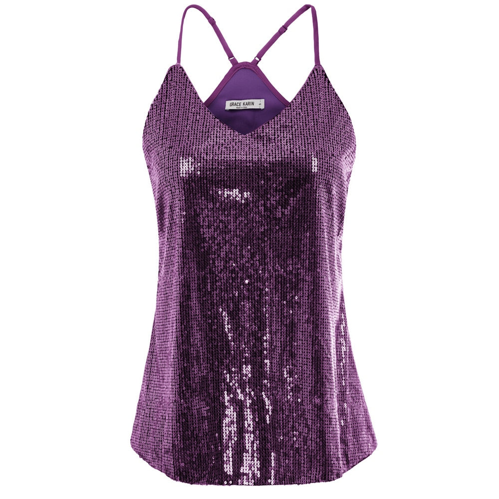 Grace Karin Women\\\'s Sequin Sexy V-Neck Top Spaghetti Strap Summer Cocktail Party Sequined Camisole Tank