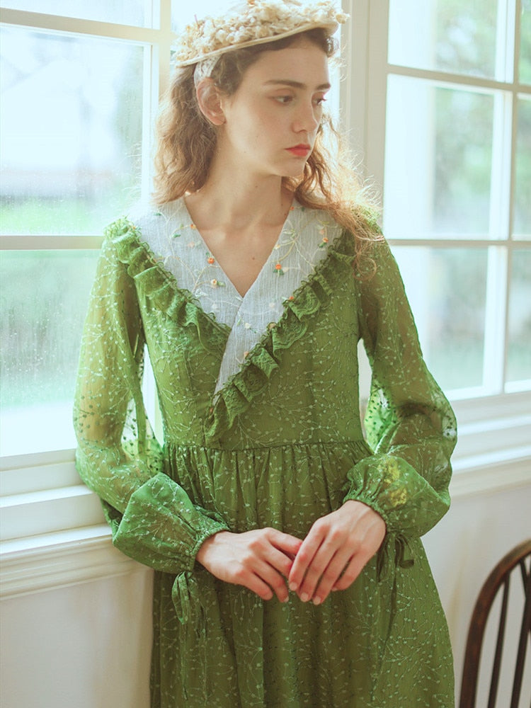 Lizakosht Green Dress SpringSummer Women Vintage Elegant Slim Long Sleeve Embroidery Lace V-Neck Cotton Long Dress ropa mujer talla grande