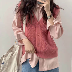 One-piece/set vest women's  spring and autumn style Korean college style knit top v-neck sweater two-piece suit intellectual