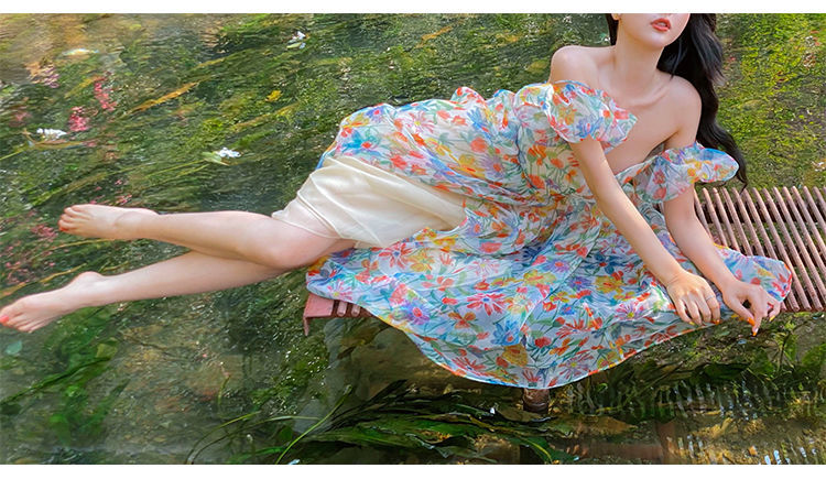 Summer Floral Design Elegant Midi Dresses Women Short Sleeve Vintage Beach Strap Dress Office Lady One Piece Dress Korean