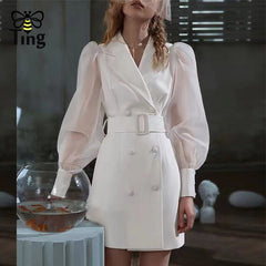 Lizakosht   Designer Fashion Notched Collar White Women Casual Mini Short Dress Spring Summer Lantern Sleeve Lady Dresses Vestidos