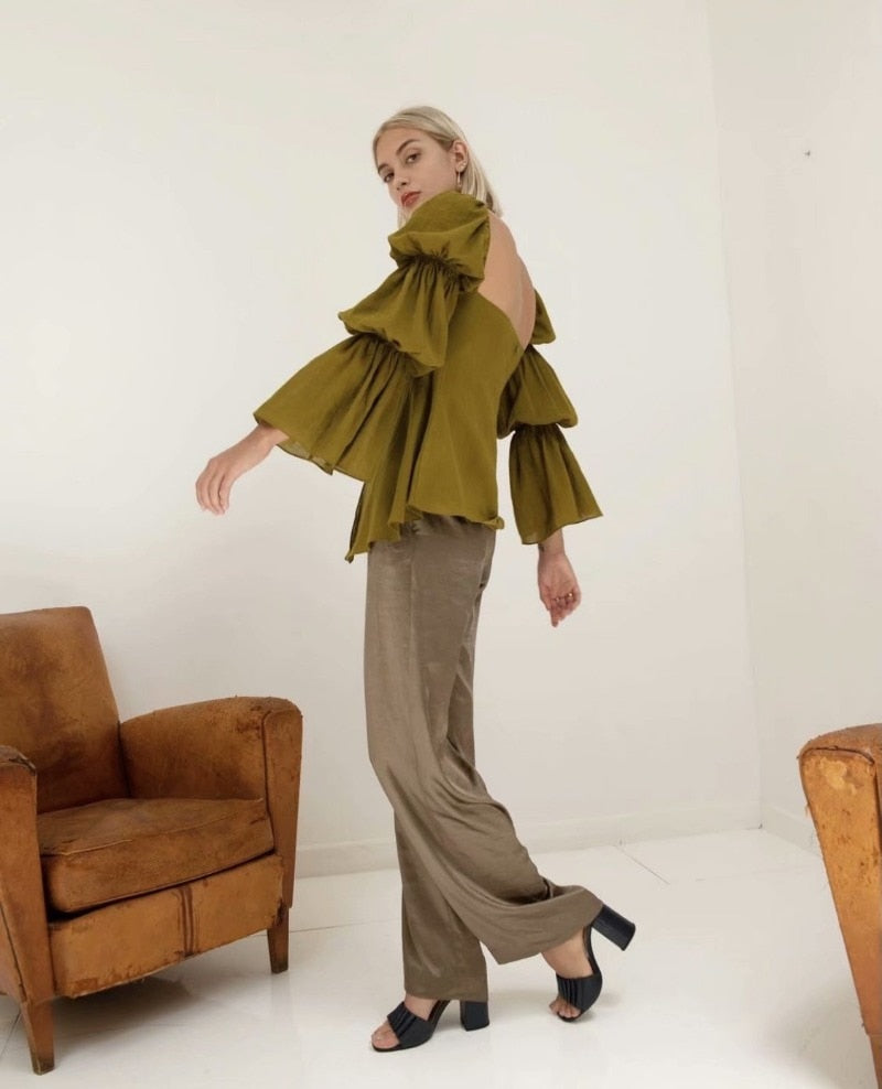 Lizakosht Trumpet sleeve elegant fashion design shirt women summer hedging long sleeve square collar slim blouse