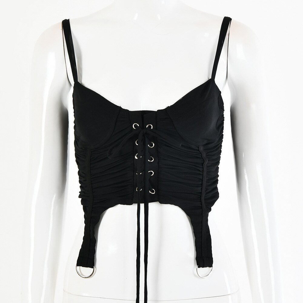 Tinastyle Drawstring Backless Zip Crop Top For Women Solid Irregular Sexy Top Ladies Summer Lace Up Bandage Bustier Corset Vest