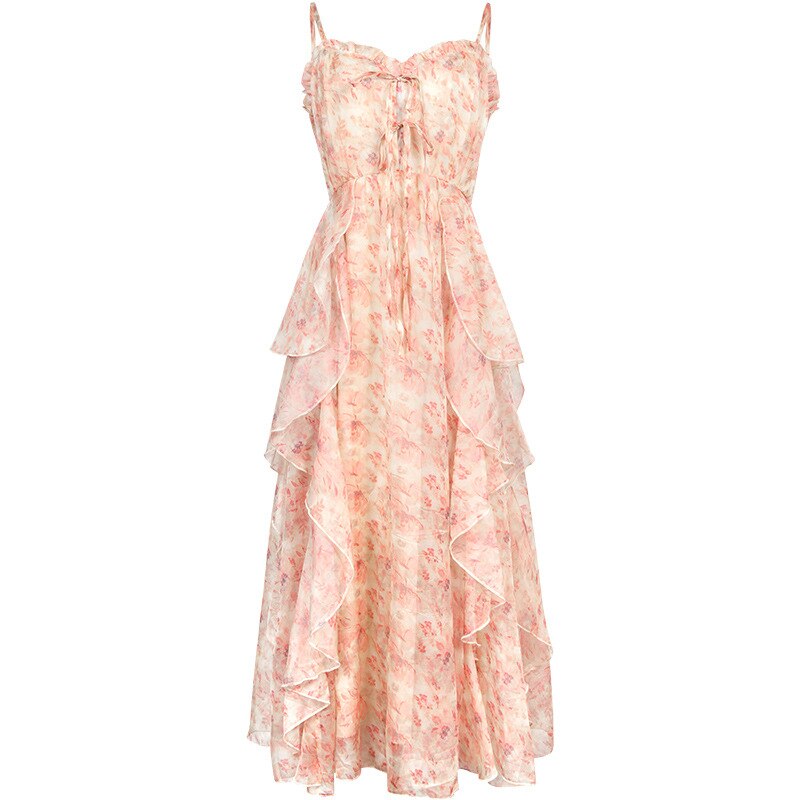 Lizakosht Elegant Chiffon Print Dress Women Retro Sexy Sweet Fit Chic Spaghetti Strap Lace-up Corset Dress Holiday Beach Summer Dress