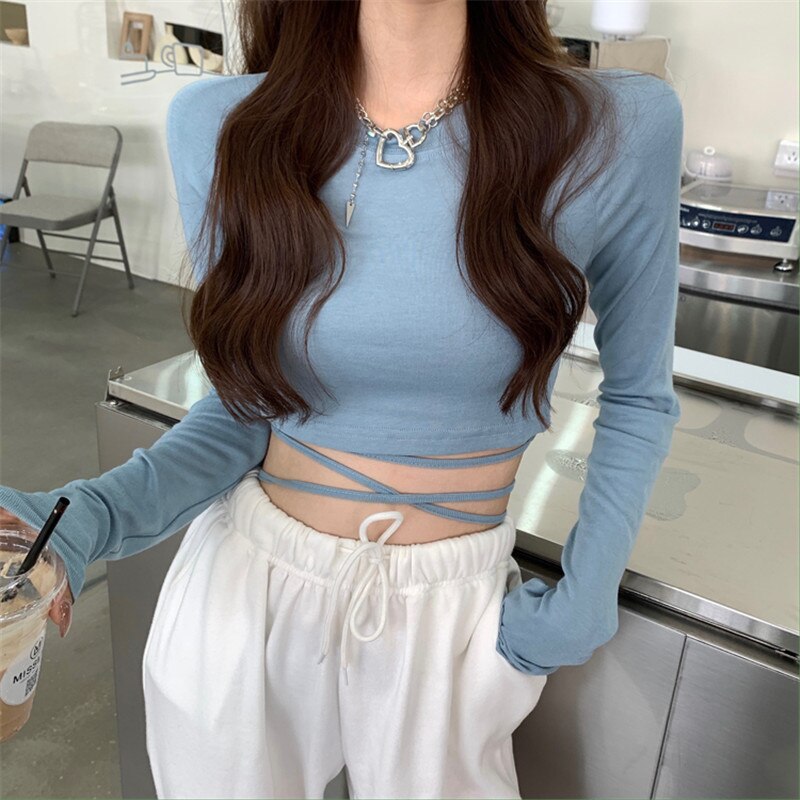 Elastic tight-fitting T-shirt women spring 2022 new sexy fashion short design long-sleeved knitted tops