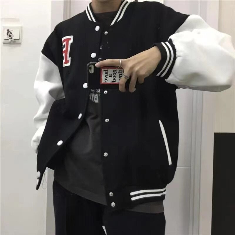 Baseball uniform male personality contrast color stitching loose brand retro style wild casual jacket autumn trend Korean coat