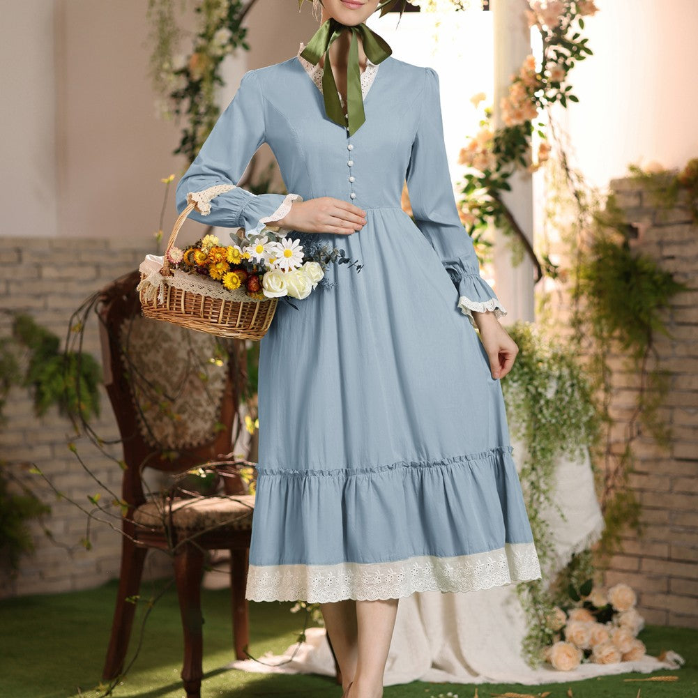 SD Women Renaissance Cotton Dress Puffed Long Sleeve V-Neck Flared A-Line Dress Women Vintage Solid Color Winter Dress Elegant