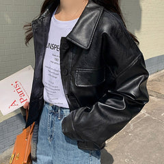 AIYANGA PU Faux Leather Jacket Women Loose Casual Biker Jackets Outerwear Female Tops BF Style Black Leather Jacket Elegant Coat
