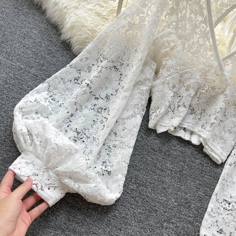 Lizakosht Autumn Black/White/Brown Sexy Lace Blouse Women Elegant V-Neck Puff Long Sleeve Open Back Short Tops Female Party Blusas