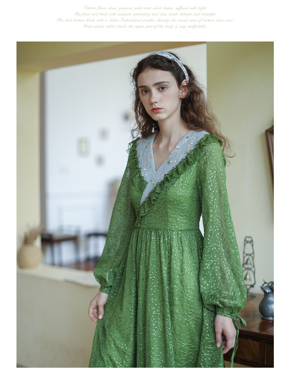 Lizakosht Green Dress SpringSummer Women Vintage Elegant Slim Long Sleeve Embroidery Lace V-Neck Cotton Long Dress ropa mujer talla grande