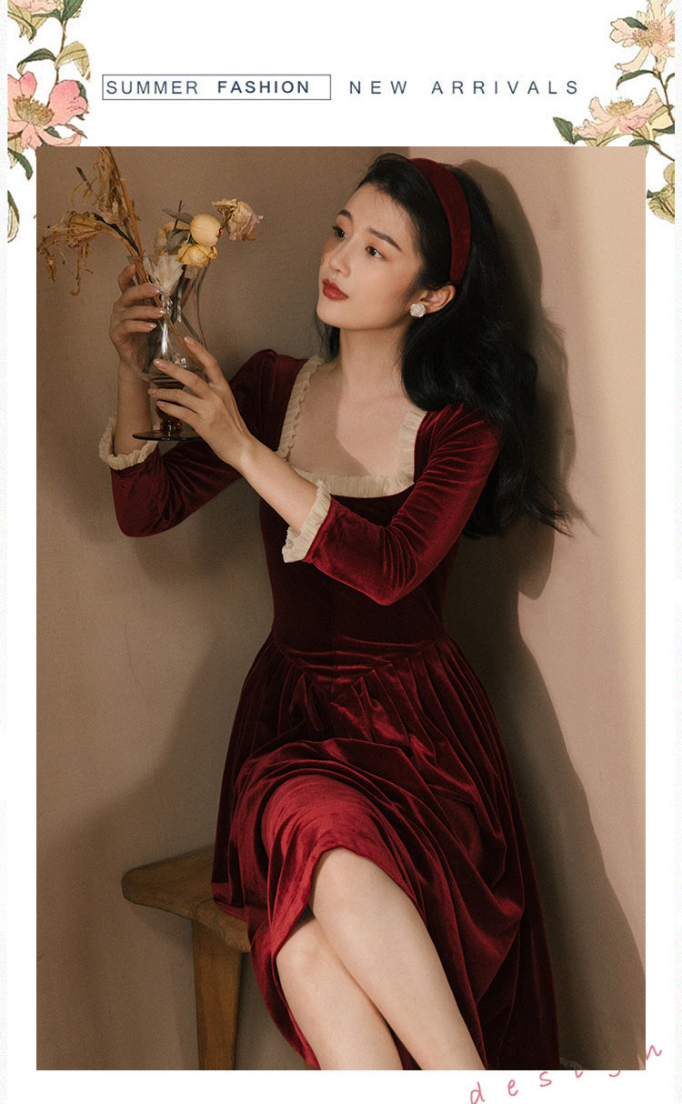 Vintage Velvet Dress Woman Solid Claret & Purple Color Square Collar Ruffles Elegant Lady Dinner Dresses Retro Vestido Festa