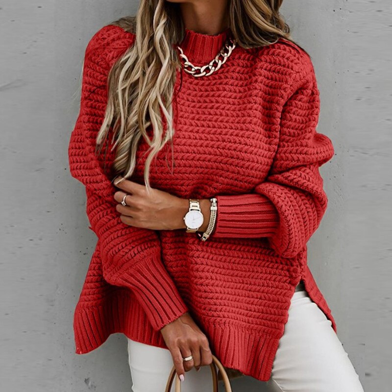 Solid Color Knit Side Split Sweater Women Half High Collar Loose Long Sleeve Knitted Top Autumn Winter Sweaters Female Jumper