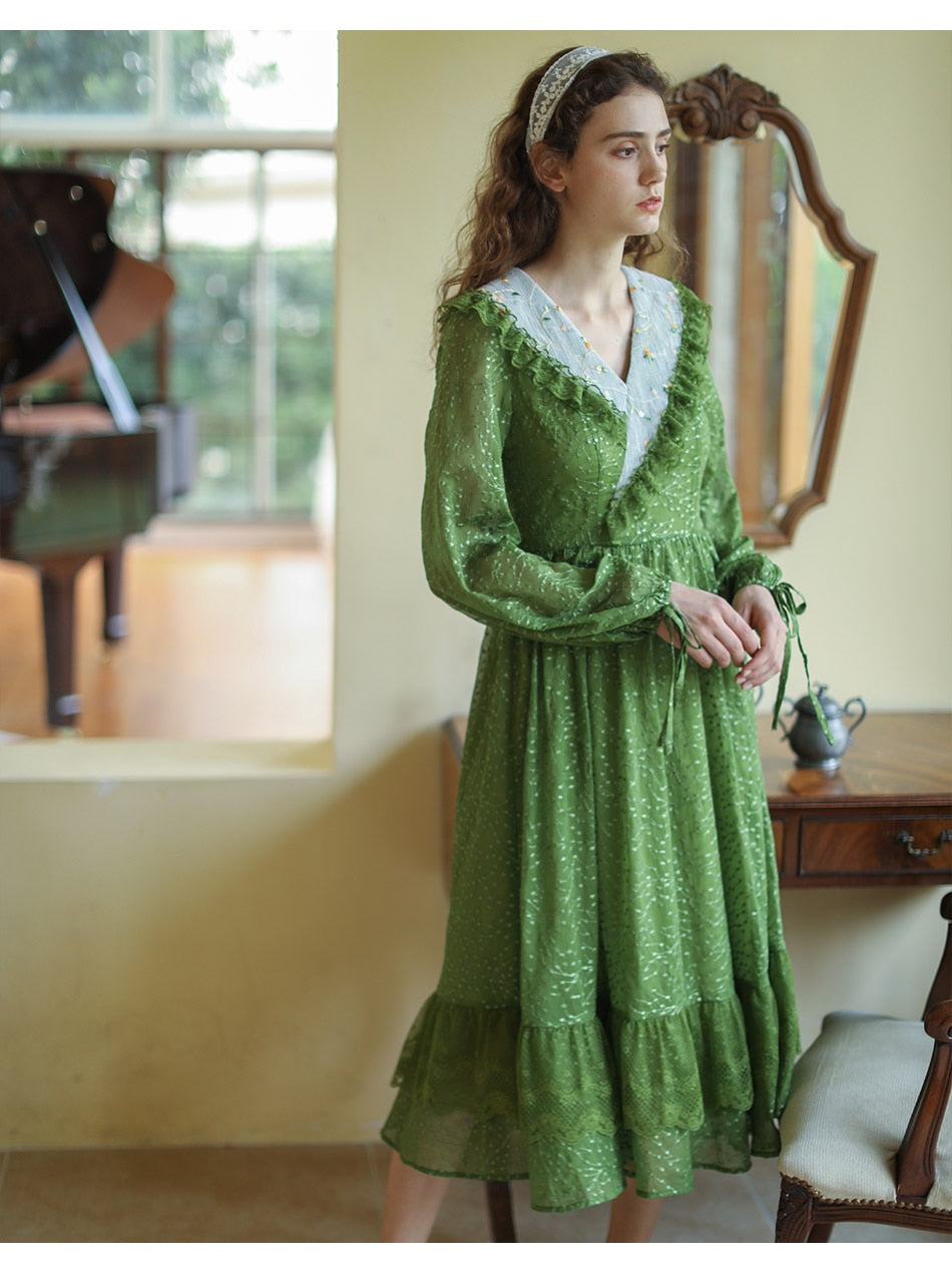 Lizakosht Green Dress SpringSummer Women Vintage Elegant Slim Long Sleeve Embroidery Lace V-Neck Cotton Long Dress ropa mujer talla grande
