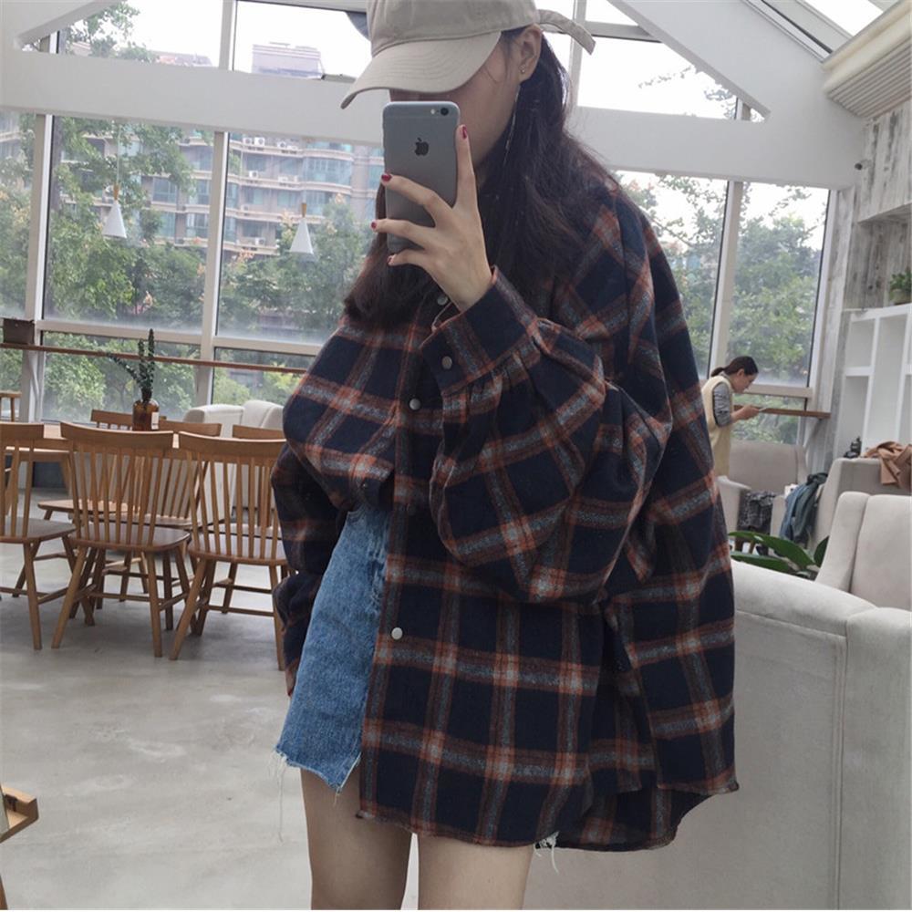 Women Spring Autumn Long Sleeve Blouse Plaid Flannel Boyfriend Tunic Shirts Loose Casual Street Lady Korean Oversized Top