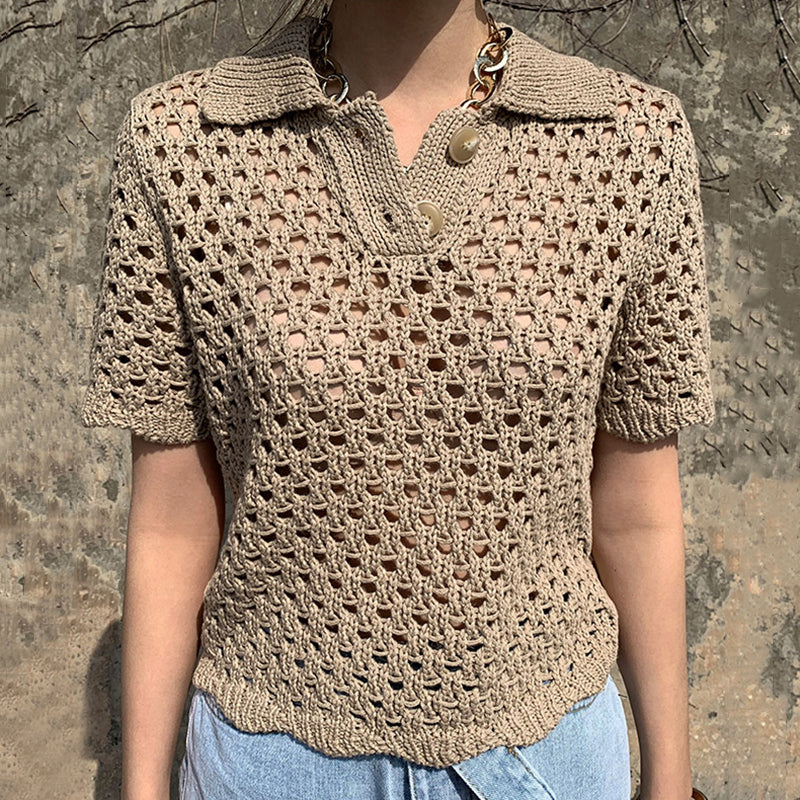 Korejpaa Women T-Shirt Summer Korean Chic French Retro Lapel Mesh Hollow Perspective Design Casual Short-Sleeved Sweater