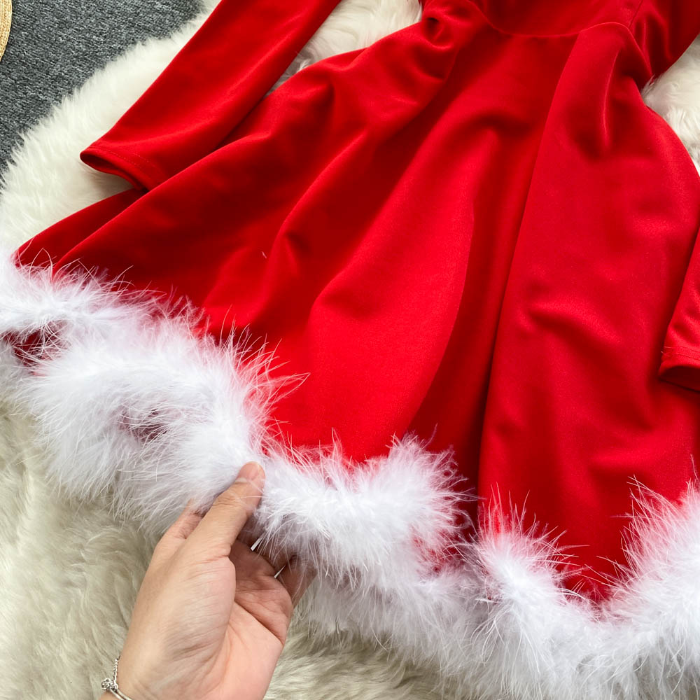 Women Elegant Dress For New Year 2022 Strapless Backless Furry Sexy Short Mini Christmas Dress Navidad Red Party Dress Femme