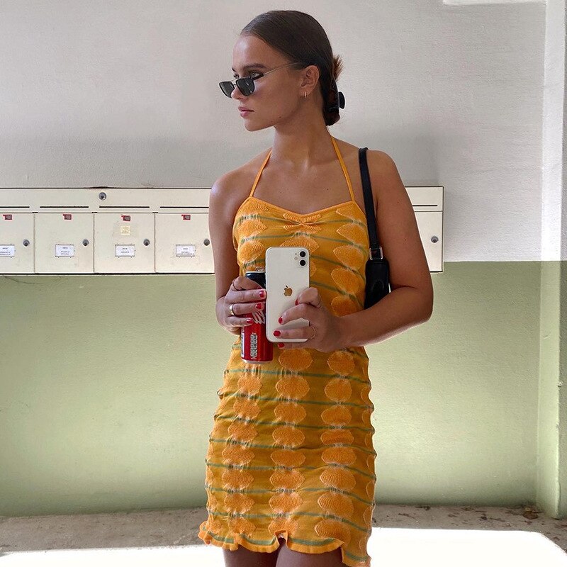 Knitted Bodycon Bandage Dress Women Halter Neck Backless Mini Dress Sleeveless Party Clubwear Sexy Summer Dresses 2022 Beach