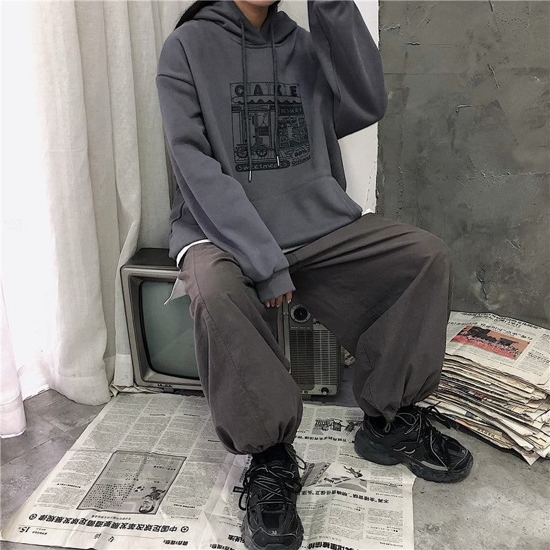 Hoodies Women Printed Thickening Hooded Plus Velvet BF Unisex Couples Pullover Sweatshirt Streetwear Hip-Hop All-match Oversize