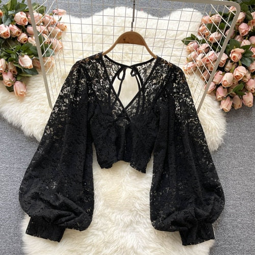 Lizakosht Autumn Black/White/Brown Sexy Lace Blouse Women Elegant V-Neck Puff Long Sleeve Open Back Short Tops Female Party Blusas