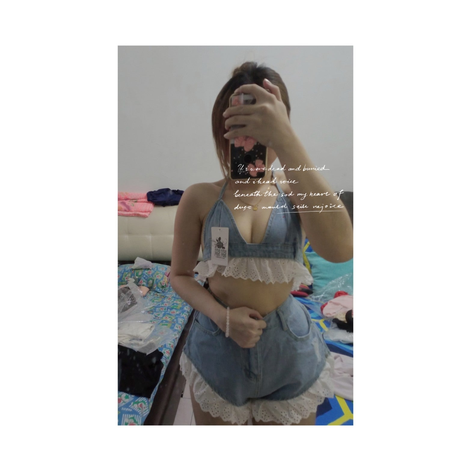 Lolita Girls Blue Denim Lace Two Piece Set Y2K Women Bustier Camis Crop Top High Waist Shorts Outfits Sexy Femenino 2 Piece Set