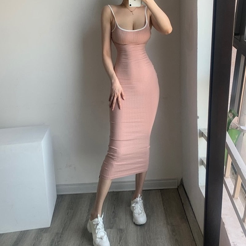 Summer New Sexy Sling Dress Hit Color Edging Solid Color Stretch Bag Hip Pencil Dress Fashion Ins