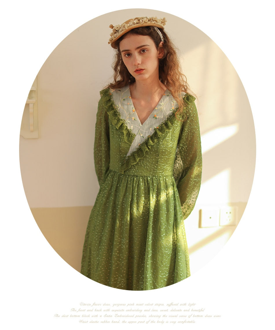 Lizakosht Green Dress SpringSummer Women Vintage Elegant Slim Long Sleeve Embroidery Lace V-Neck Cotton Long Dress ropa mujer talla grande