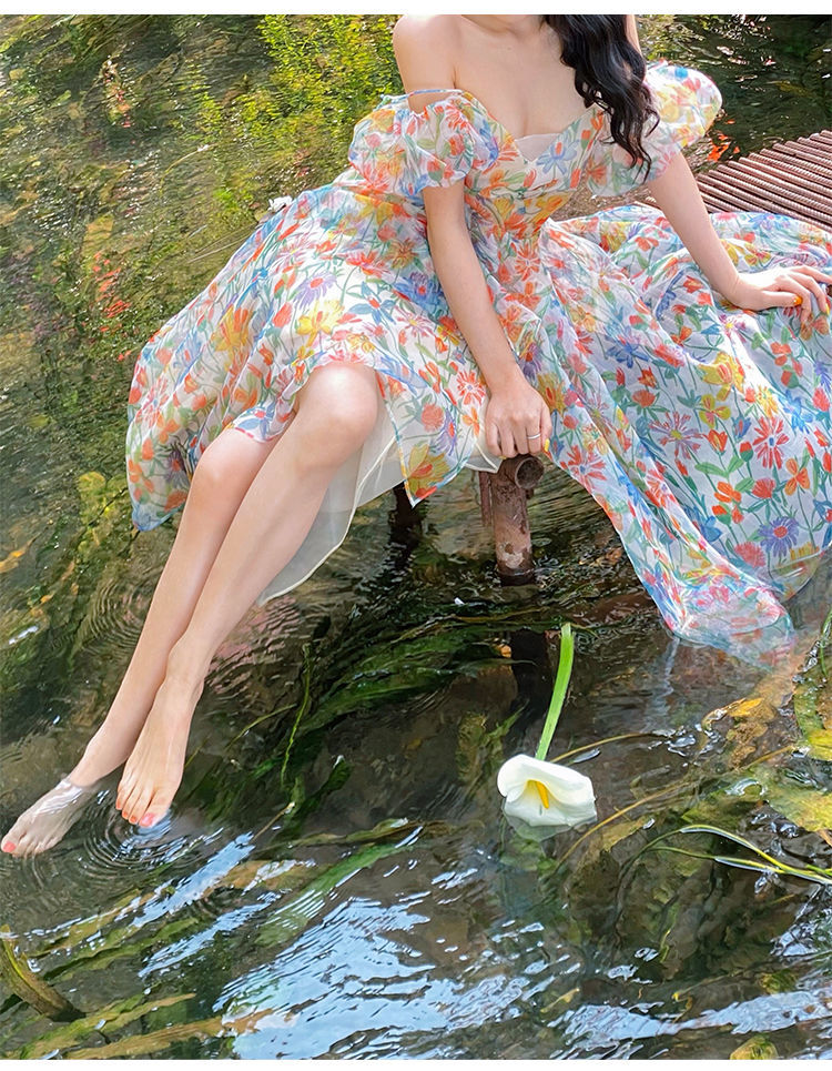 Summer Floral Design Elegant Midi Dresses Women Short Sleeve Vintage Beach Strap Dress Office Lady One Piece Dress Korean