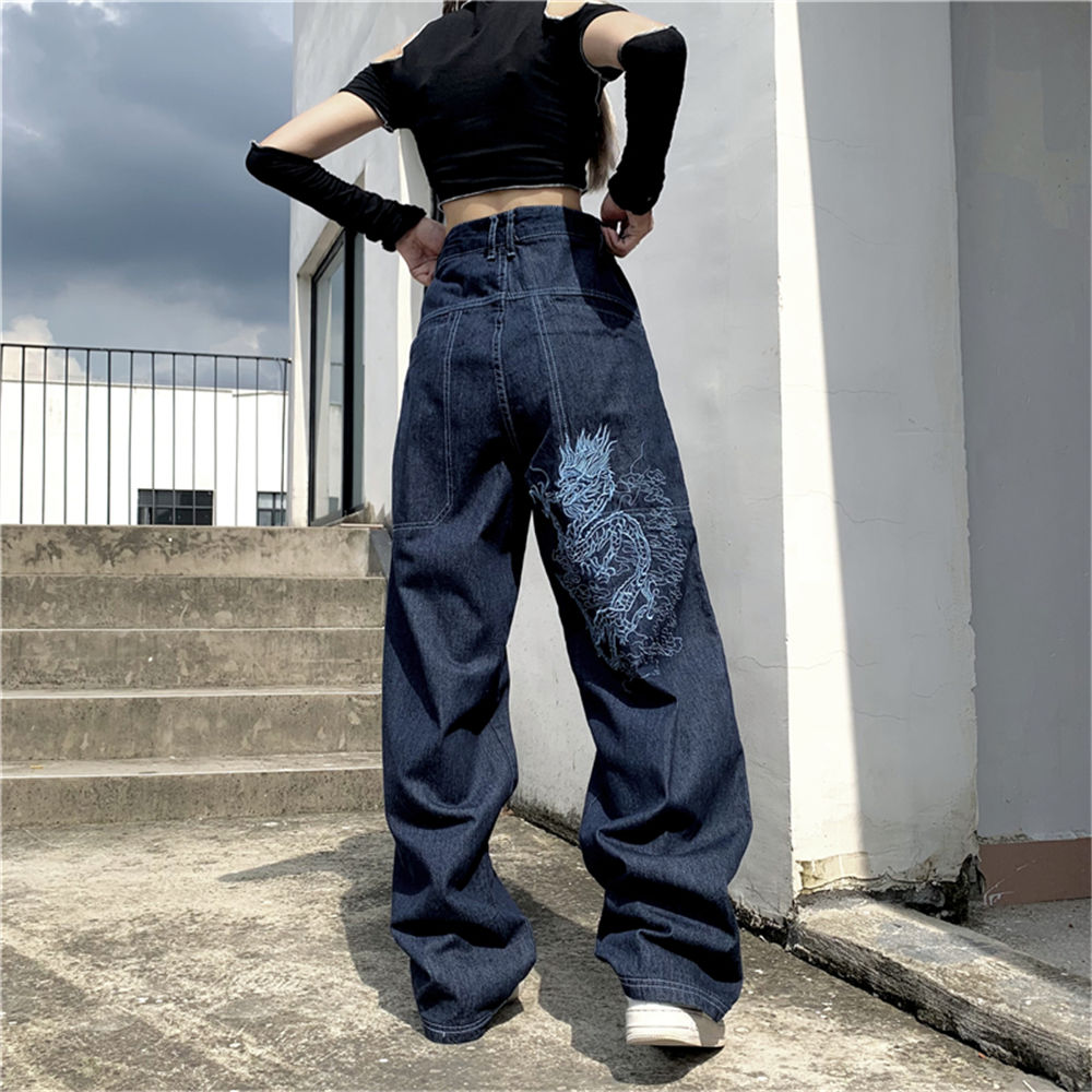 Lizakosht American retro street loose embroidered straight-leg jeans women  new casual all-match high-waist mopping wide-leg trousers