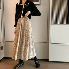 Vintage Floral Print A-line Pleated Long Skirts winter Women Korean Skirt Streetwear Drawstring Elastic Waist Midi Skirt lined