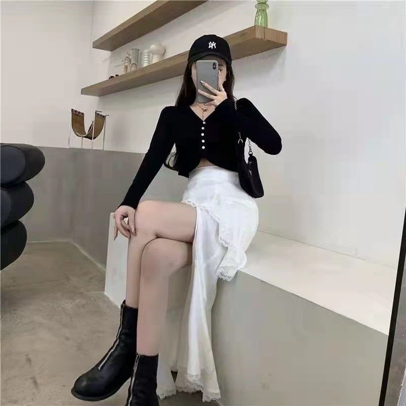 Casual High Waist Irregular Skirt Women White Korean Designer Ruffles Split Skirt Slim Office Lady Streetwear Chic Party Clothes