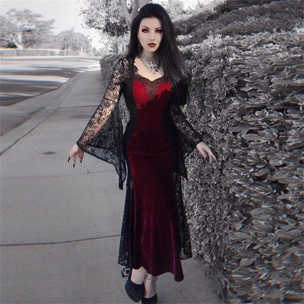 Gothic Dark Mesh Midi Dress Women Victorian Costume Velvet Robe Renaissance Witch Medieval Dresses Cosplay Wizard Halloween Y2k