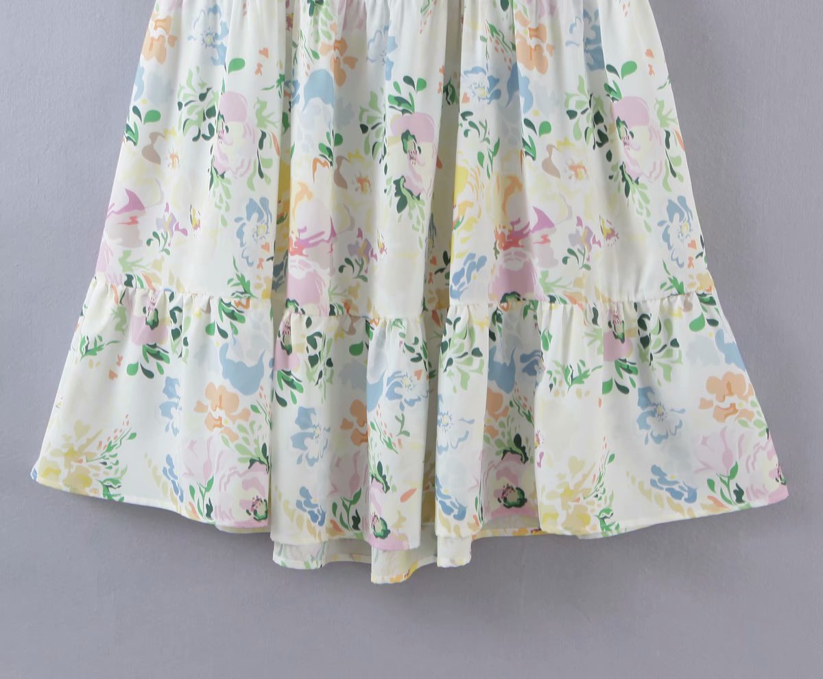 Women France Floral Print Holiday Dress Square Collar Back Tie Bow Backless Dresses Slim Midi Slit Dress 202107